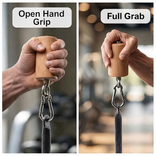 Wooden Grip Handle for Forearm & Climbing Training, Compact Cylindrical Open-Hand Grip with Stainless Steel Ring, Beech Wood Endurance Grip for Cable Machine & Pull Training