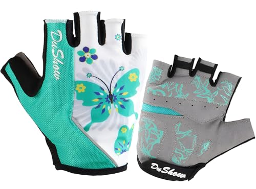 DuShow Women Half Finger Cycling Gloves, Pattern Printed with Anti-Slip Shock-Absorbing Pad for Road/Mountain Biking, Gym – Short Fingerless - color: Green Butterfly, size: Mediun