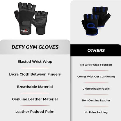 DEFY Padded Weight Lifting Gloves with 13" Long Wrist Wrap Genuine Leather Gym Gloves for Power Lifting, Cross Training, Workout Black