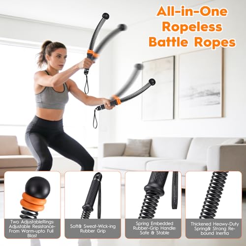 Ropeless Battle Ropes with Weighted Springs, Portable Cordless Battle Ropes for Home Gym, Adjustable Resistance Full-Body Workout Equipment for HIIT, Strength Building, and Low-Impact Aerobic Training