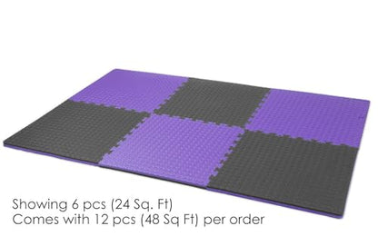 1" Extra Thick 48 sq ft Reversible EVA Gym Foam Floor Mat Tiles (24" x 24"), Steel Pattern, 12 pcs, Black/Purple