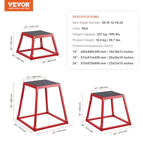 VEVOR Plyometric Jump Box, 18 Inch Plyo Box, Steel Plyometric Platform and Jumping Agility Box, Anti-Slip Fitness Exercise Step Up Box for Home Gym Training, Conditioning Strength Training