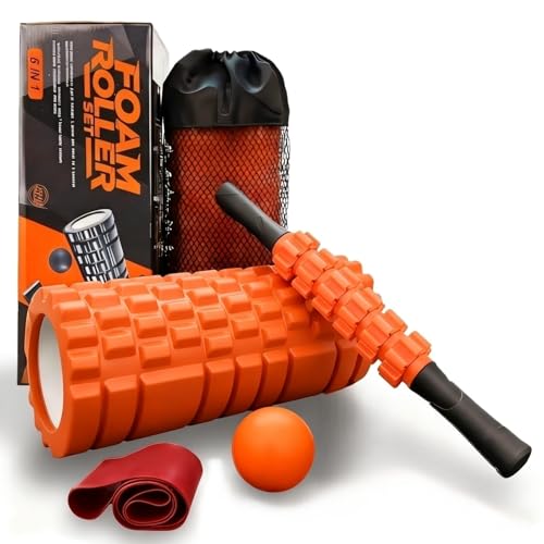 Aucuu 5 in 1 Foam Roller Set Includes Hollow Core Massage Roller, Yoga Stick, Massage Ball, Fitness Stretching Strap, Carrying Bag, Towel, Massage Roller (Orange)
