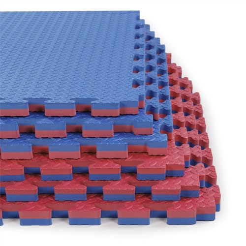 1" Extra Thick 48 sq ft Reversible EVA Gym Foam Floor Mat Tiles (24" x 24"), Steel Pattern, 12 pcs, Blue & Red
