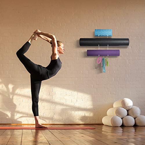 Wallniture Guru Yoga Mat Holder Wall Mount with 3 Hooks for Hanging Yoga Strap, Resistance Bands, 5-Sectional Metal
