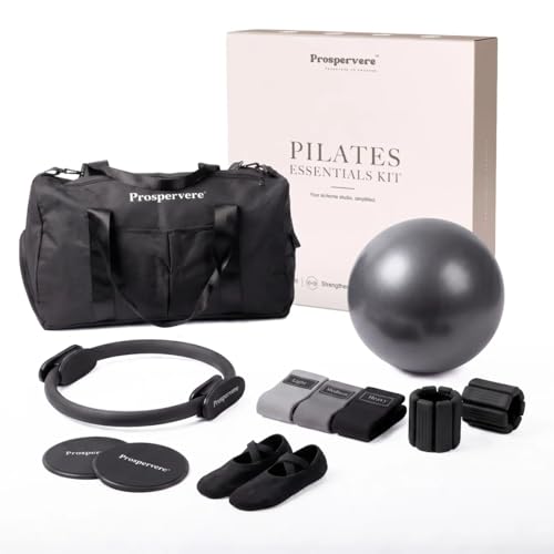 Premium 12pc Pilates Kit – 15 inch Pilates Ring and Ball Set w/ 1lbs Ankle Weights, Fabric Resistance Bands, Sliders, Yoga Socks & Gym Bag – Pilates Workout, Home Gym Equipment Accessories - color: Midnight Power (Black)