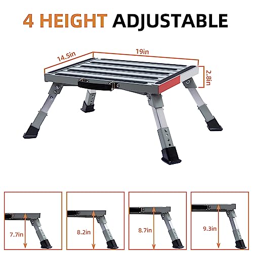 Homeon Wheels 19" x 14.5" Large RV Step Stool, Adjustable Height Aluminum Folding Platform Step and Ladder with Non-Slip Rubber Feet, More Stable Supports Up to 1,500lbs Safety RV Steps - color: Gray Large