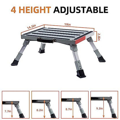 Homeon Wheels 19" x 14.5" Large RV Step Stool, Adjustable Height Aluminum Folding Platform Step and Ladder with Non-Slip Rubber Feet, More Stable Supports Up to 1,500lbs Safety RV Steps - color: Gray Large