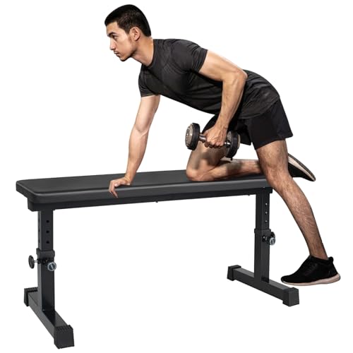 Flat Weight Bench, Utility Workout Adjustable Height Weight Bench Press with Thick Cushion & Anti-slip Foot Pads, Compact Strength Training for Exercise & Fitness, Home/Gym Easy Assembly
