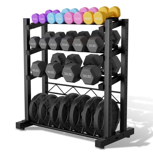 1100LBS Weight Rack for Home Gym, Upgraded 4-Tier Dumbbell Rack, Barbell Holder Bumper Plate Storage Rack with Adjustable Height & Width Design, Heavy Duty Weight Storage Organizer (Rack Only)