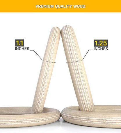 Wood Gymnastic Rings (Rings Only) and Exercise Videos Guide for Gym, Compatible with Crossfit, and Bodyweight Training