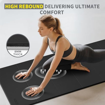 Foldable Extra Large Yoga Mat 74"×31.5", 8mm Double-Sided Non Slip Lightweight Fitness Mat for Man & Woman, Portable for Home Studio & Travel - color: Black+Gray
