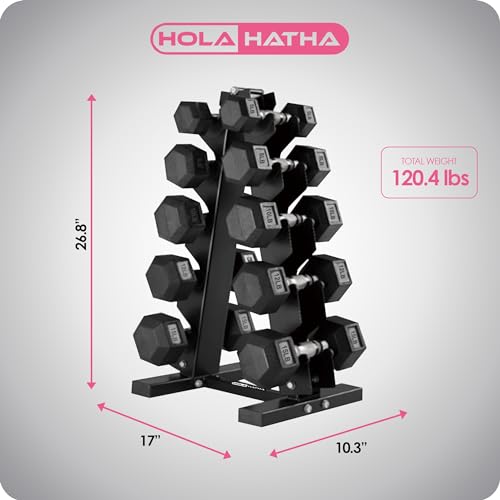 HolaHatha Hexagonal Dumbbell Free Hand Weight Set w/Rack - color: Black, style: 100lb Set