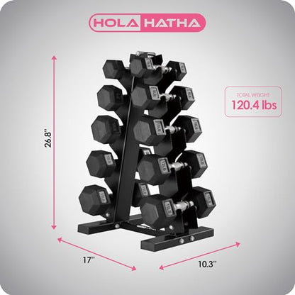 HolaHatha Hexagonal Dumbbell Free Hand Weight Set w/Rack - color: Black, style: 100lb Set