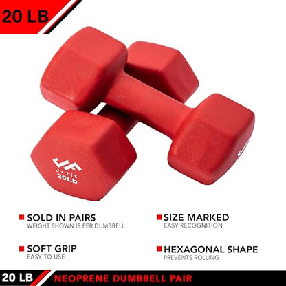 JFIT Dumbbell Pairs or Sets – Neoprene & Vinyl Coated Hand Weights for Home Gym, Strength Training, Aerobics, Cardio Exercise and Fitness - size: 20 lbs (Pair), style: Dumbbell Pair