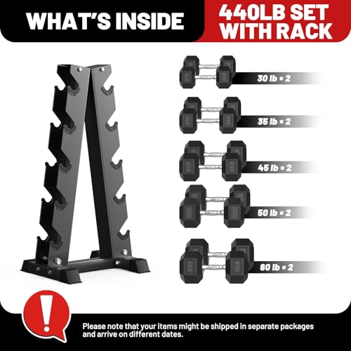 PAPABABE Hex Dumbbell Sets with Rack, 100-600lb Rubber Coated Dumbbell Weight Set and Storage Rack, Multiple Options Hand Weights for Strength Training - style: 440lb Set (Pair of 30, 35, 45, 50, 60lb)