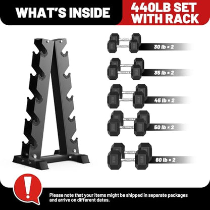 PAPABABE Hex Dumbbell Sets with Rack, 100-600lb Rubber Coated Dumbbell Weight Set and Storage Rack, Multiple Options Hand Weights for Strength Training - style: 440lb Set (Pair of 30, 35, 45, 50, 60lb)
