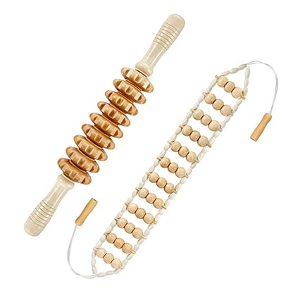 2 in 1 Wooden Back Massager Roller Rope & Handheld Roller Massager Stick, Relax Fascia, Cellulite, Muscle, Back & Abdomen, Therapy Lymphatic Anti Cellulite Muscle Recovery Massage Tool