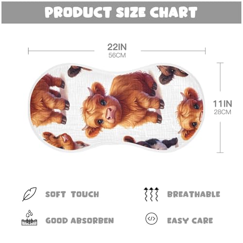 Little Highland Cows Muslin Burp Cloths 2 Pack - Extra Large 22"x11", 4-Layer Soft Absorbent Cotton, Waterproof Backing, Baby Drool Rags for Newborn