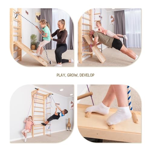 Swedish Ladder Wall Bars with Pull-Up Bar for Kids & Adults – Wooden Stall Bars Home Gym with Gymnastic Rings, Slide, Swing, Climbing Rope & Rope Ladder