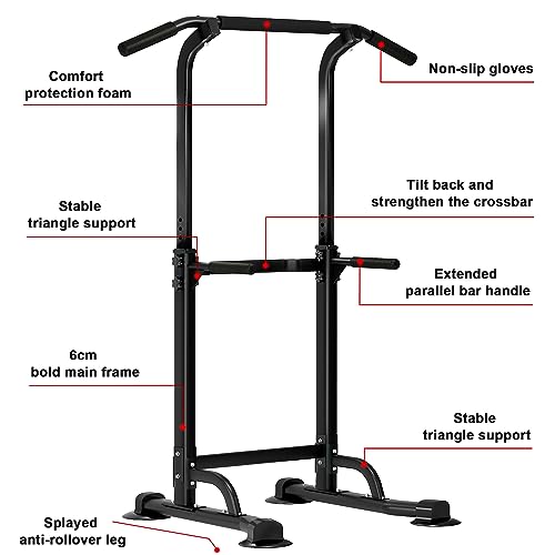 SogesHome Power Tower Pull Up Bar and Dip Station, Height Adjustable Dip Stand Exercise Machine for Home Gym, Multi-Functional Free Standing Strength Training Fitness Workout Station - color: Black