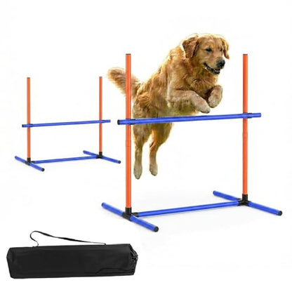 Dog Agility Training Equipment, 2-Sets Adjustable Dog Jumps & Hurdles Set for Backyard, Outdoor Dog Obstacle Course Training Starter Kit with Weave Poles and Carrying Bag for Large Small Dogs - size: 2-Sets