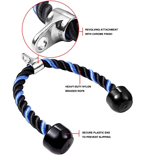 Deluxe Tricep Rope Pull Down Cable, 27 & 36 Inch Rope Length, Easy to Grip & Non-Slip Cable Attachment for Gym Workout Exercise - color: Blue&Black-27''