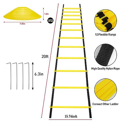 Professional Agility Ladder Speed Training Equipment Set-20ft Agility Ladder,12 Soccer Cones, 4 Agility Hurdles, Running Parachute, Suitable for Soccer Football Basketball Training - color: yellow
