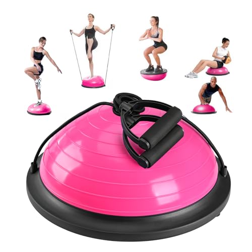 Half Balance Ball Trainer, Half Yoga Exercise Ball with Resistance Bands and Foot Pump, Balance Trainer for Stability Training, Strength Exercise Fitness, Home Gym Workout Equipment - color: Pink
