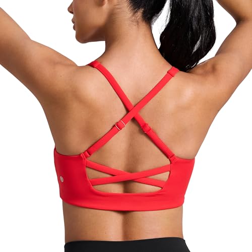 CRZ YOGA Butterlift Cross Back Sports Bras for Women - Scoop Neck Adjustable Straps Wireless Padded Pilates Workout Top - color: Deep Red, size: X-Small