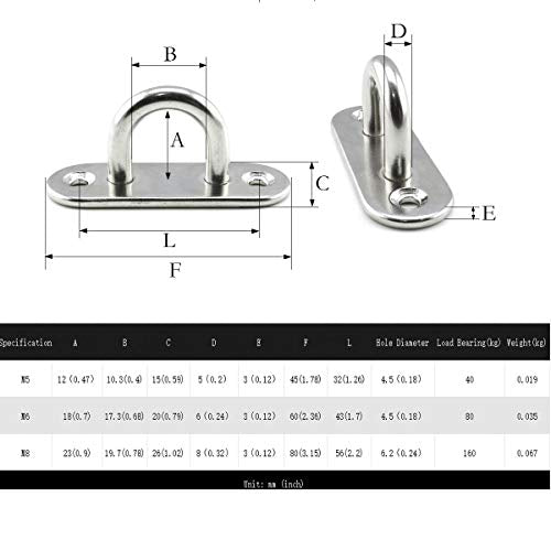 heyous 2 Set M8 Suspension Ceiling Wall Mount U Hook Anchor Hanger Stainless Steel Heavy Duty Multi Purpose Hammock Swing Ceiling Hook Strip Base Plate with Snap Hook