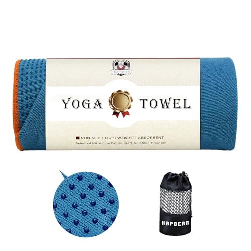 HAPBEAR Hot Yoga Towel with Non-Slip Grip Dots, 72" x 24" - Super Absorbent, Soft Microfiber Yoga Mat Towel for Bikram, Gym, Pilates - Blue