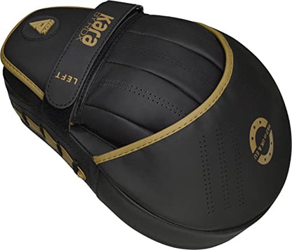 RDX Boxing Pads Curved Focus Mitts, Maya Hide Leather Kara Hook and jab Training Pads, Adjustable Strap Ventilated, MMA Muay Thai Kickboxing Coaching Martial Arts Punching Hand Target Strike Shield - color: Golden