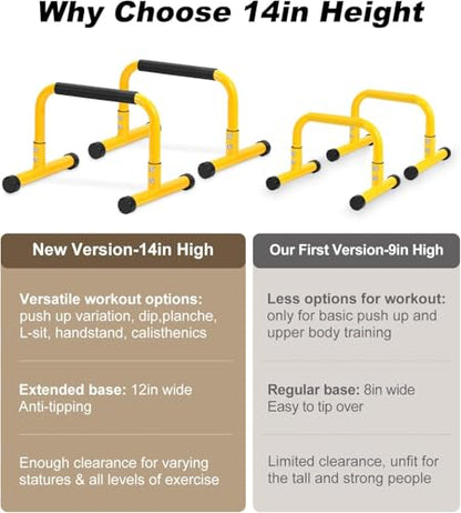 Push Up Bar, 14'' High Steel Parallettes & Dip Bar with Full Coverage Foam Handle, Heavy-Duty Calisthenics Parallel Bars for L-Sit, Dips, Home Gym Strength Training Workout