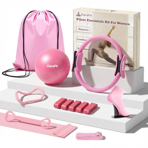 Home Pilates Ring and Ball Set for Women with 5 Resistance Bands 13 inch Magic Circle Workout Starter Kit for Beginners Full Body Toning 15 Min Daily Routine - color: All Pink