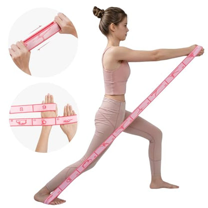 2 Pack 9-Loop Stretch Strap with Pose Guide Pattern, Elastic Yoga Band for Dance, Pilates, Gymnastics, Flexibility Exercise, Kids Workout Training, Youth Ballet Belt