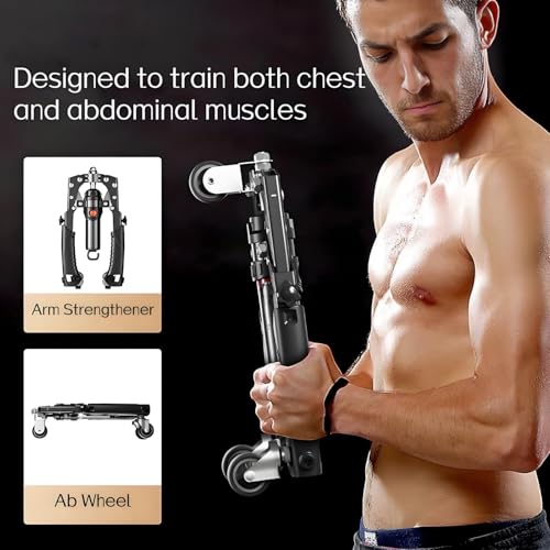 Adjustable Twister Arm Exerciser, 22-440lb Hydraulic Power for Men Women, 3 in 1 Hydraulic Power Chest Workout Equipment with Ab Roller Wheels and Hooks, Shoulder Muscle Training Fitness Equipment