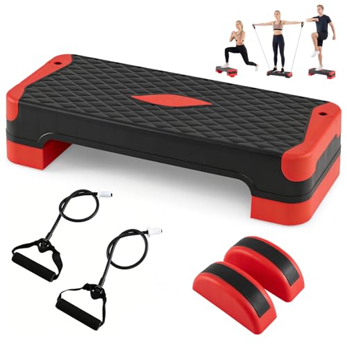 Goplus 3-in-1 Aerobic Step Platform, 600 LBS Adjustable Exercise Stepper with 4-Level Risers, Balance Trainers, Resistance Band, Non-Slip Workout Stepper for Home Gym, Cardio, Strength Training