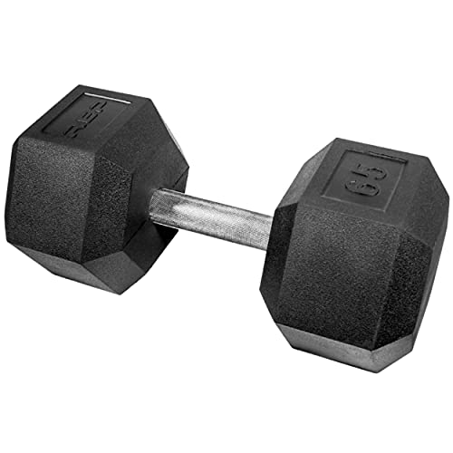 Rep Fitness Rubber Hex Dumbbell(s) - Singles (55LB +) and Pairs (5LB - 50LB) - Low Odor, Fully Knurled Handle - style: 65 LB SINGLE DB