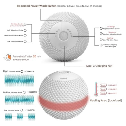 Heating Vibrating Massage Ball with 7 Modes & Memory Function for Myofascial Release, Deep Tissue and Trigger Point Muscle Therapy - Targets Back, Hip, Leg, Neck & Foot (Gray) - color: Gray