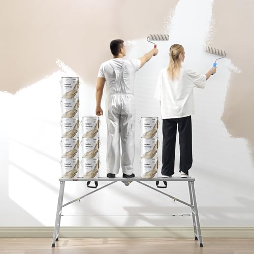 VEVOR Work Platform, 63"x 15" Portable Scaffolding Platform, Folding Steel Step Ladder Adjustable Height 31.5”-50.1”, 800 lbs Load Capacity, Non-Slip Drywall Painting Stool for Cleaning &Washing - size: 63"x 15"
