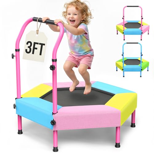 Toddler Trampoline for Kids with Foam Handle, Anti-Tilt Frame & Thick Padded Spring Cover, Indoor Outdoor Mini Trampoline, Active Play Toy Gift for Boys Girls - color: Blue+Pink+Yellow, size: 3FT