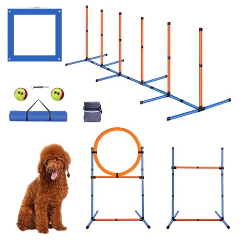 Dog Agility Equipment Set,Pets Agility Training Equipment,Weave Poles, Adjustable Hurdle, Jump Ring, Pause Box and Storage Bag