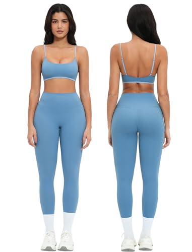 Women 2 Piece Workout Adjustable Spaghetti Strap Color Block Sports Bra High Waist Tummy Control Leggings Yoga Outfits - color: Blue, size: Small