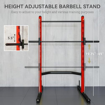 Soozier Squat Rack with Pull-Up Bar, Adjustable Power Rack with Barbell Bar, Multi-Functional Steel Bench Press Rack for Home Gym Strength Training, Black - color: Red
