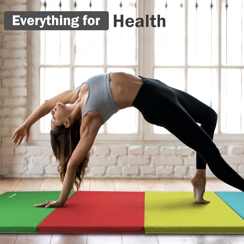 Fitvids Folding Exercise Gymnastics Mat, 4'x8'x2" Gym Workout Mat with Carrying Handles 4-Fold High-Density Anti-Tear Portable Fitness Aerobics Mat for Home Gym Yoga Pilates Tumbling MMA Core Training