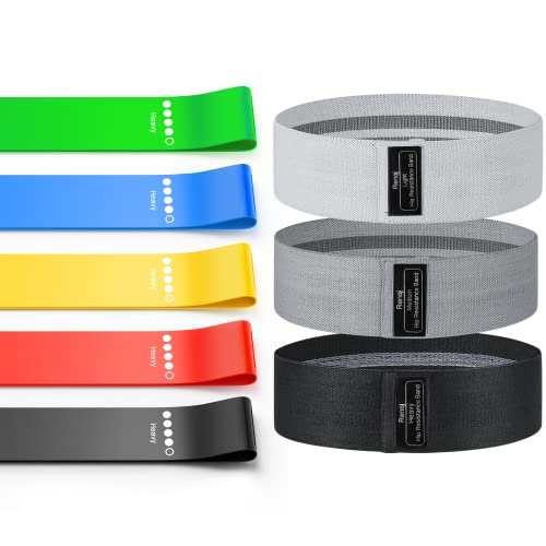 Bundle Set of 8 Resistance Bands for Workout, 5 Latex Exercise Bands and 3 Fabric Booty Bands with 2 Portable Bags
