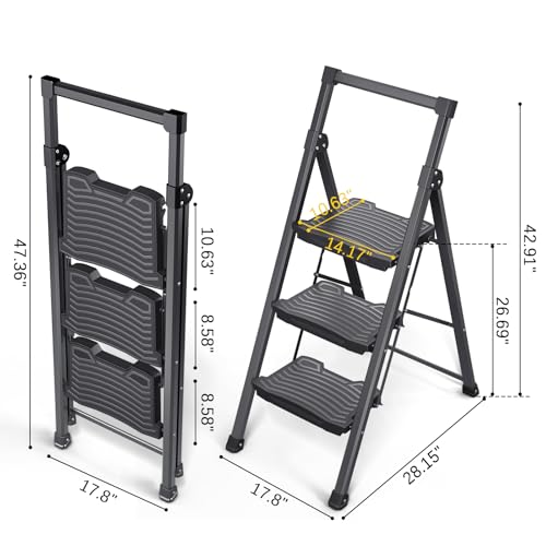 KINGRACK Step Ladder 3 Step Folding, 900lbs 3 Step Ladder with Non-Skid Wide Pedal and Handrails, Lightwight Household Ladder, Sturdy Step Stool, for Your Kitchen, Closets, Office Use, Garage, Black - size: 3-step with handrail