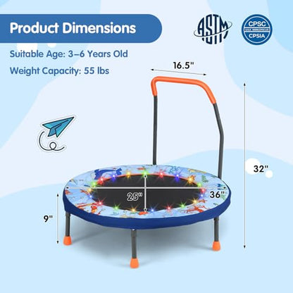 Goplus Foldable Toddler Trampoline for Kids, 36'' Recreational Mini Trampoline w/20 LED Lights, Foam Handle, Padded Safety Cover, Indoor Outdoor Exercise Rebounder for Boys Girls Aged 3-6 - style: Baby Blue-Ocean