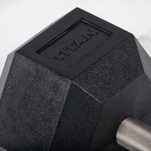Titan Fitness 75 LB Pair Free Weights, Black Rubber Coated Hex Dumbbell, Straight Stainless Steel Handle, Strength Training, Full Body Workout
